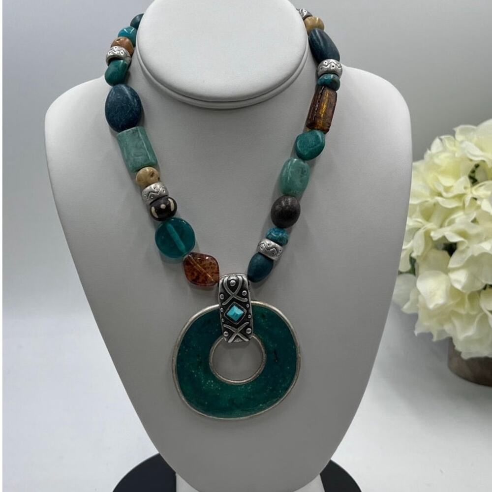 Chicos Southwestern‎ Enamel Turquoise Blue Pendant Chunky Beaded Necklace